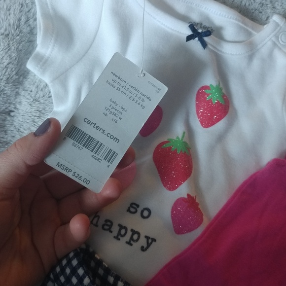 NWT Carter's Baby girl Strawberry plaid 3pc set NB - Picture 2 of 6
